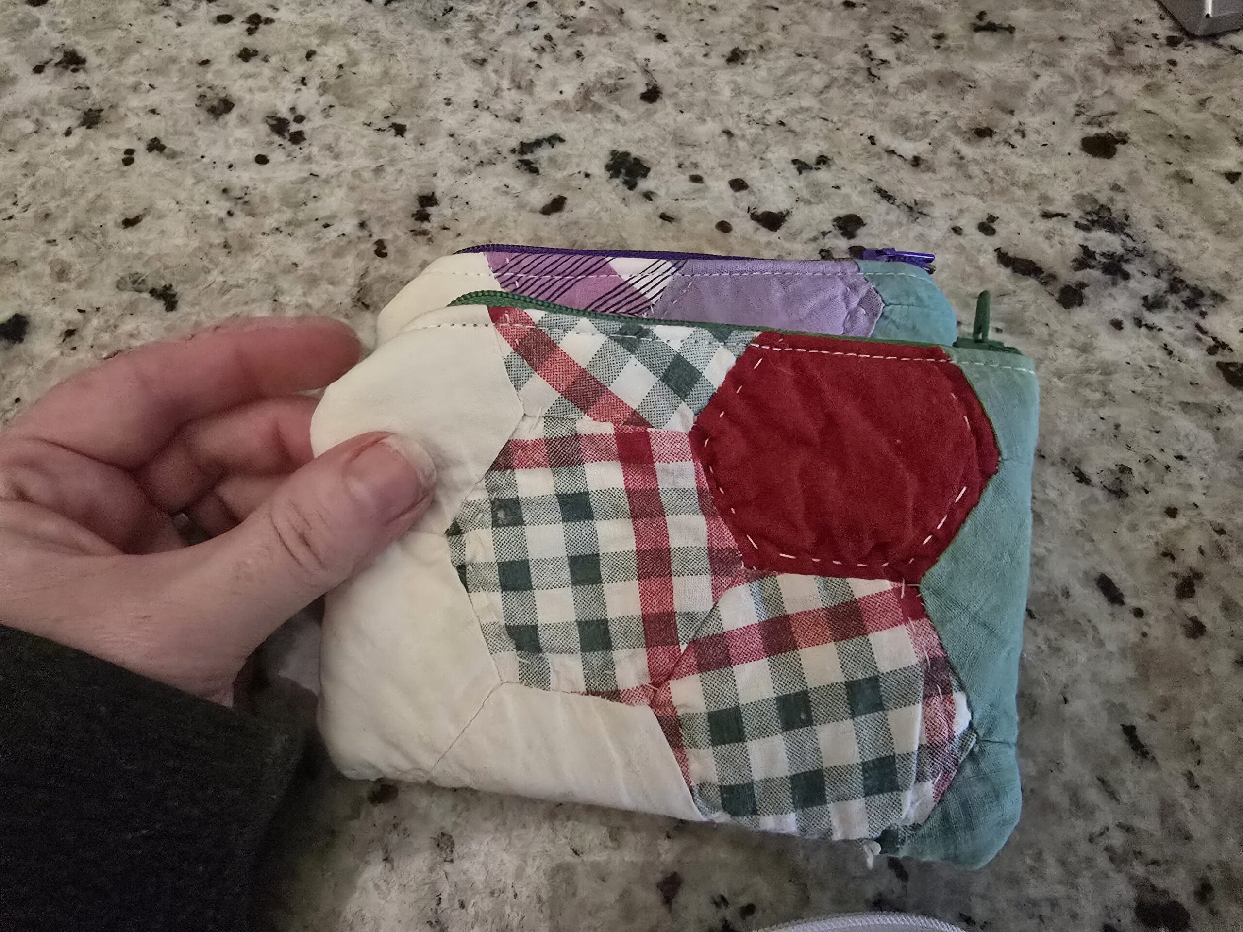 Mini Repurposed Quilt Zipper Bag - Red and Green