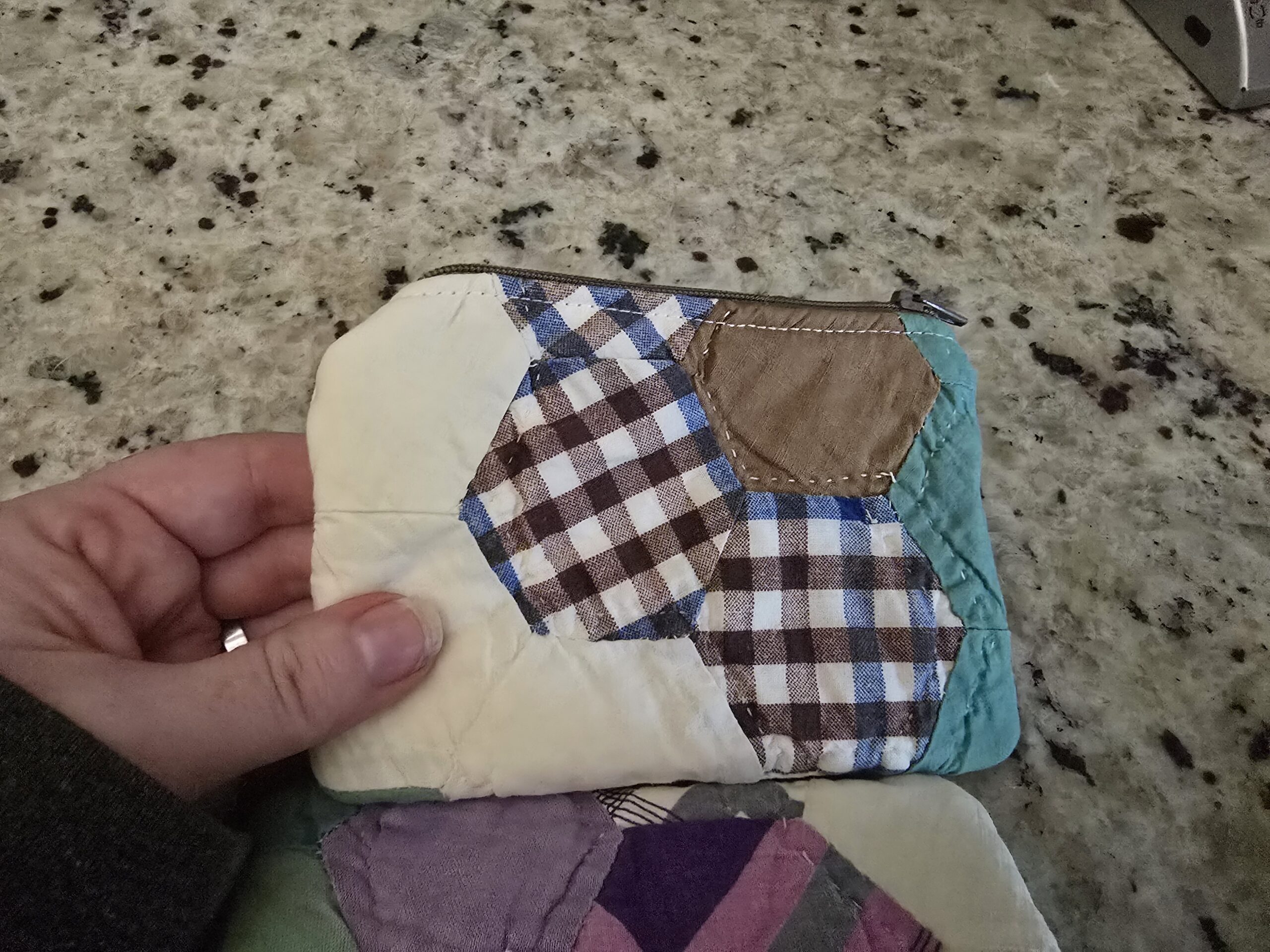 Mini Repurposed Quilt Zipper Bag - Brown and Blue
